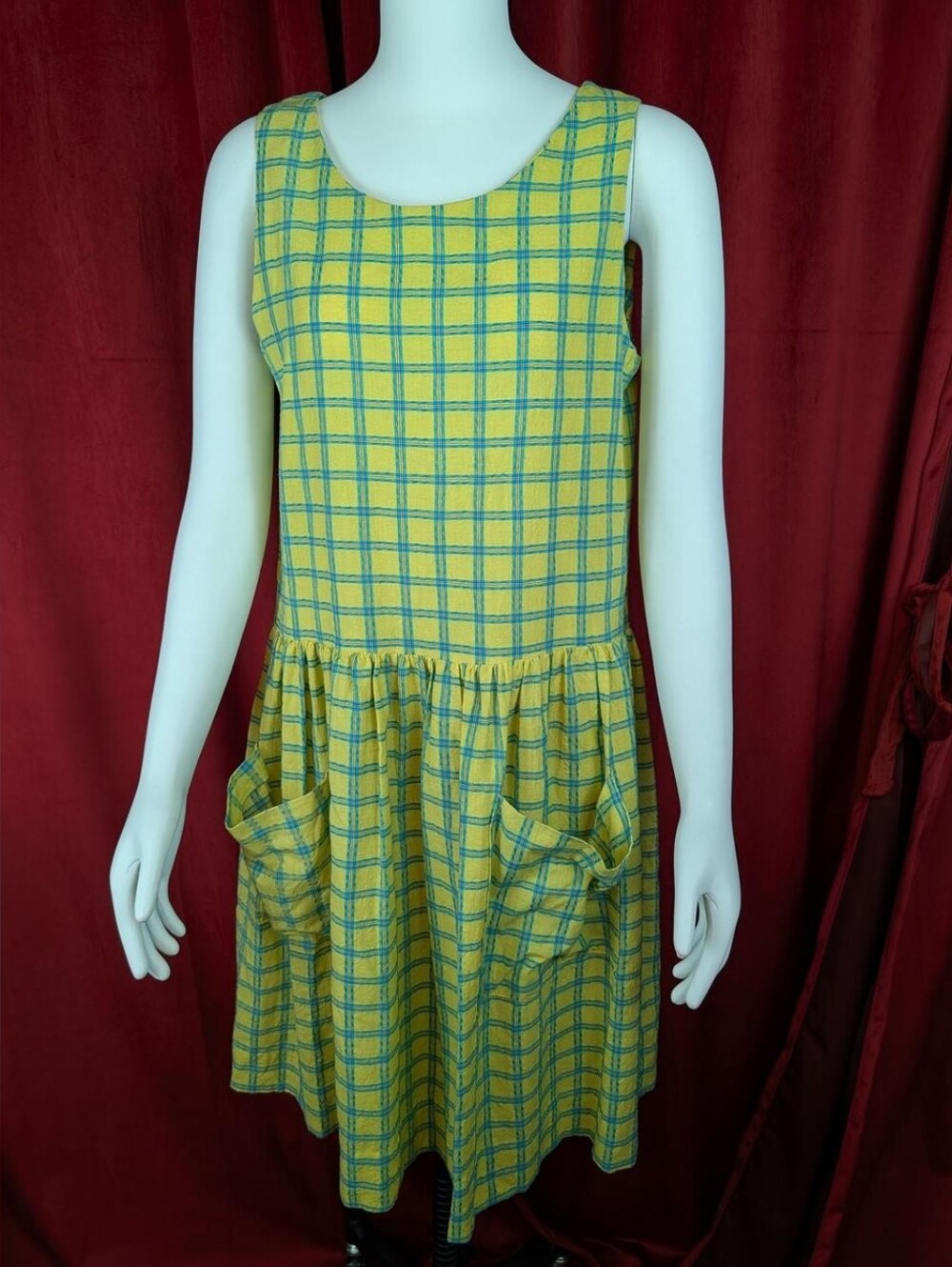 Vintage Handmade One of a Kind Yellow & Blue Plaid Drop Waist Pinafore Dress